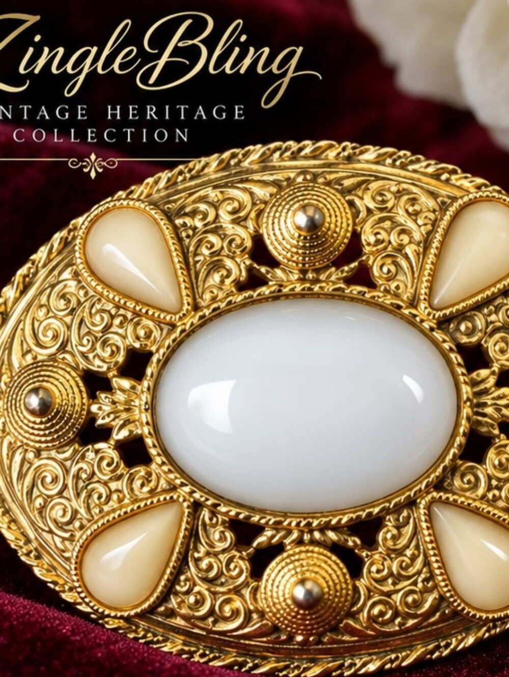 Vintage Etruscan Revival Gold Tone Cabochon Statement Brooch Pin